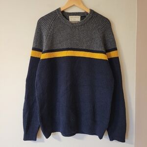 French Connection Men's Wool Blend Chunky Knit Sweater Navy Grey Stripe Size L